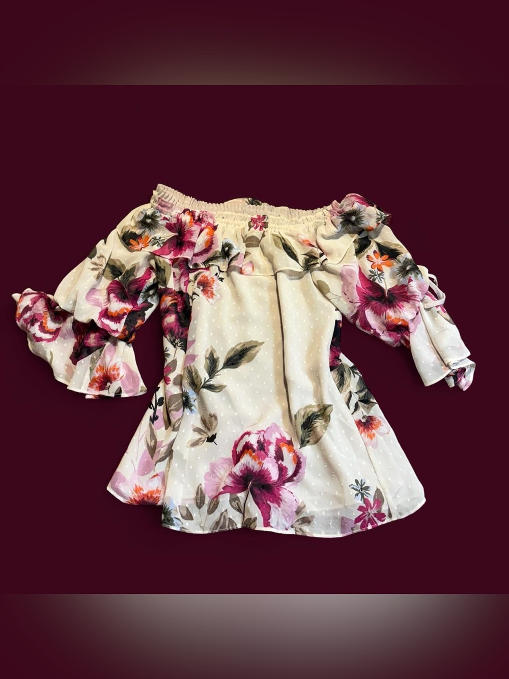 Off-Shoulder Floral Peasant Top - Cream with Pink Floral